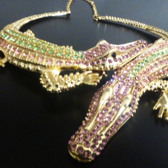 Vintage 1 of A Kind CROCODILE NECKLACE & EARRINGS Rhinestones Statement Jewelry - Picture 9 of 14